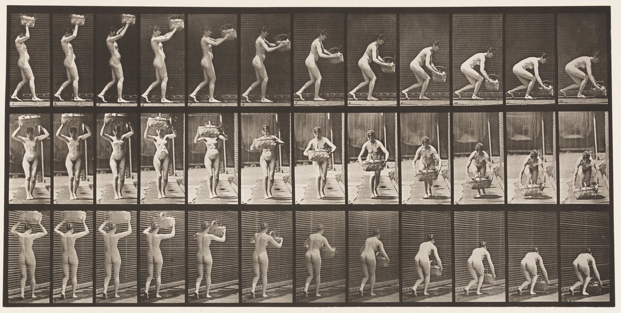 Een 12-pond Mand van het Hoofd Nemen en op de Grond Zetten door Eadweard Muybridge