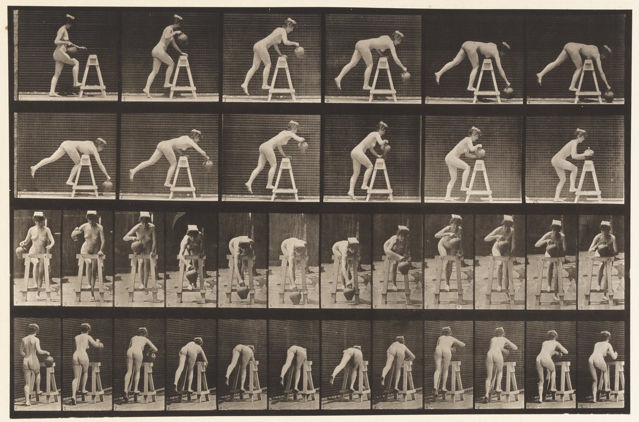 Plaat 203. Over een stut buigen met waterkruik door Eadweard Muybridge
