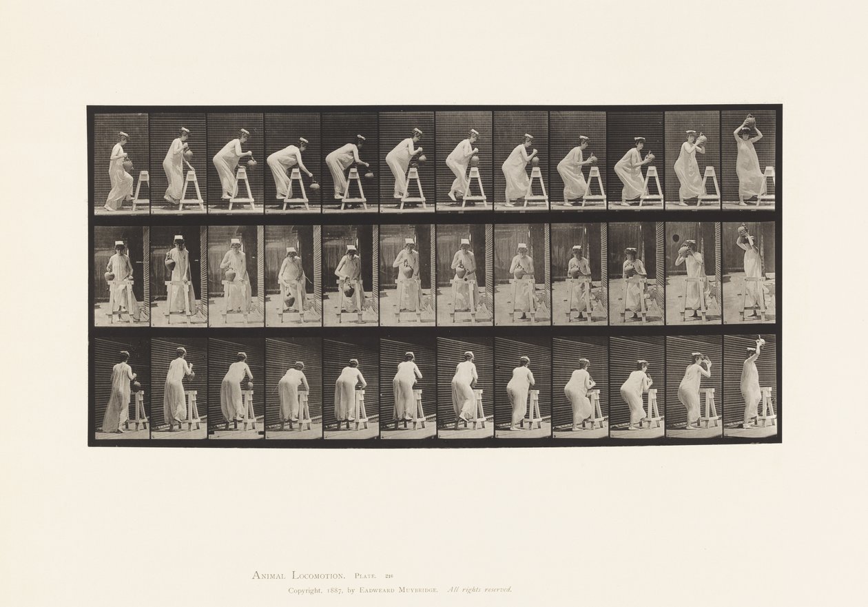 Plaat 216. Buigen om waterkruik te vullen; Kruik op hoofd plaatsen door Eadweard Muybridge