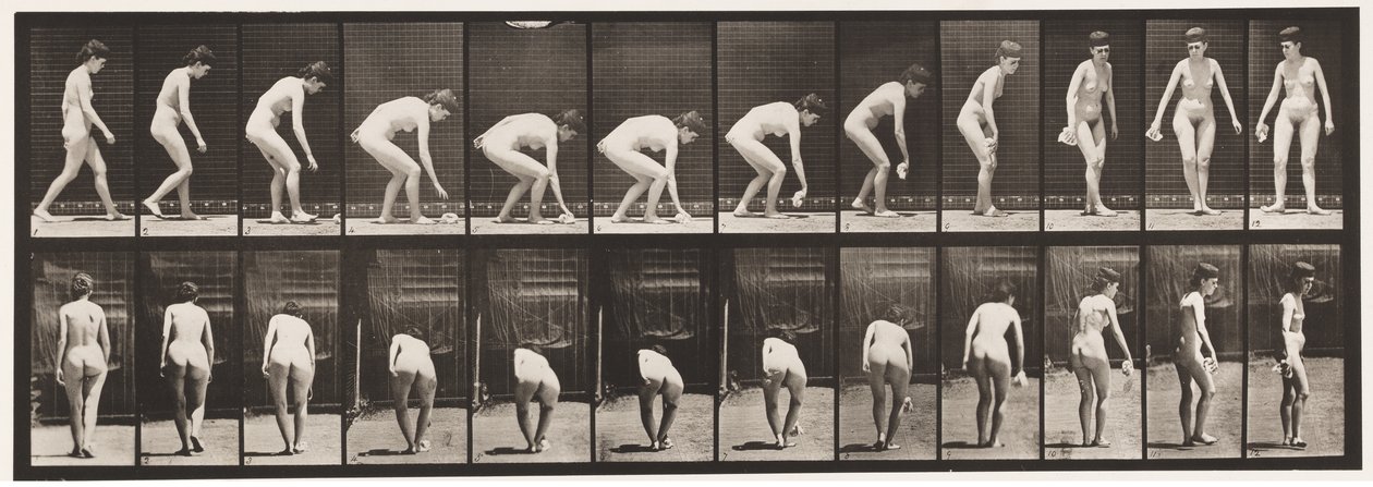 Plaat 220. Bukken en zakdoek oppakken en omdraaien door Eadweard Muybridge