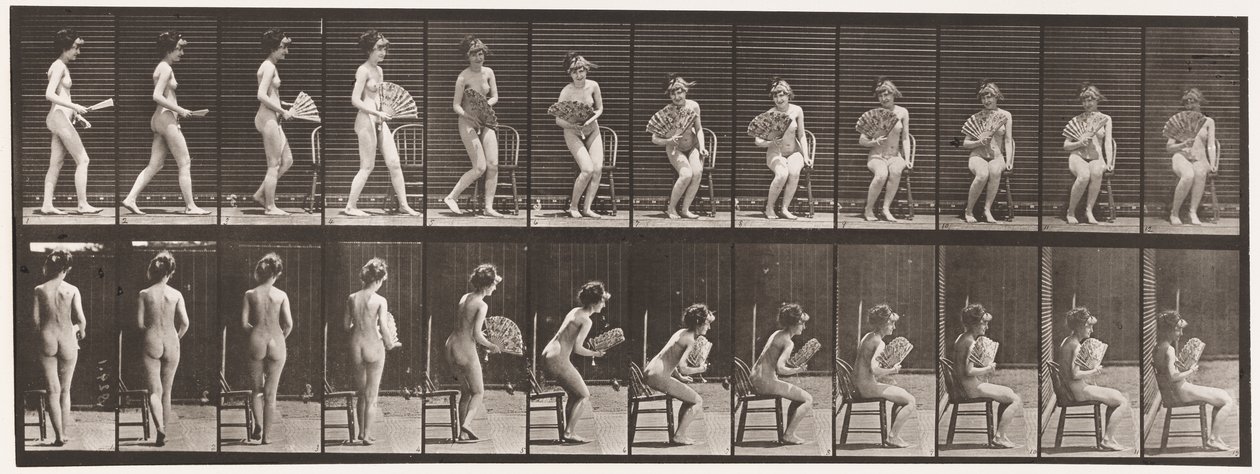 Plaat 237. Op stoel zitten en waaier openen, 1872-1885 door Eadweard Muybridge