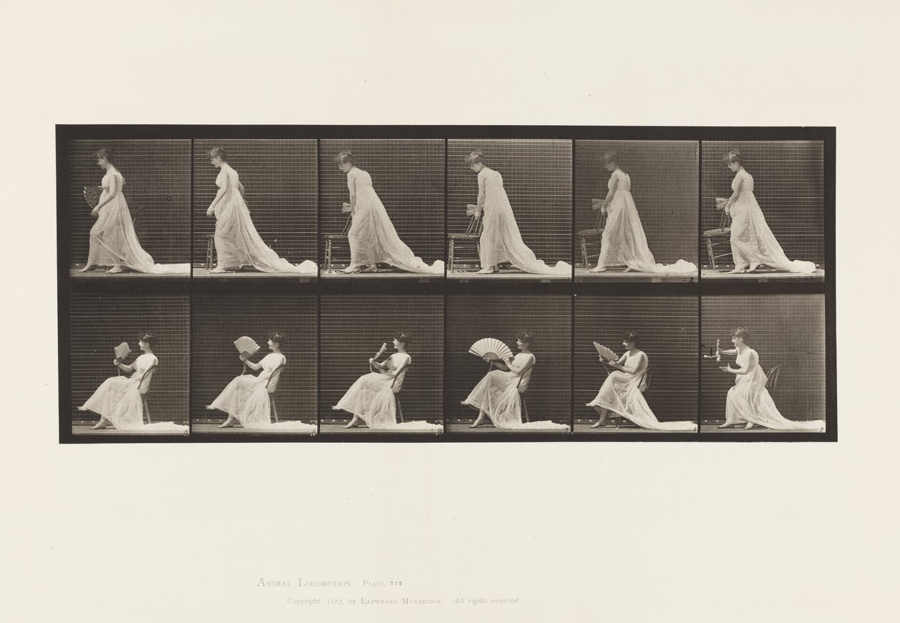 Stoel plaatsen, zitten en waaier flirten door Eadweard Muybridge