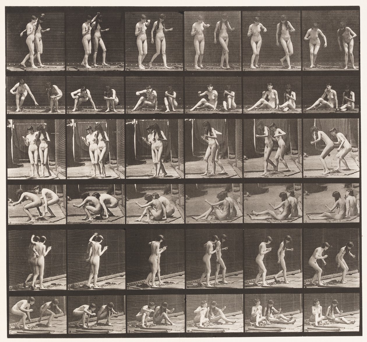 Plaat 245. Twee modellen die op de grond zitten en draaien door Eadweard Muybridge