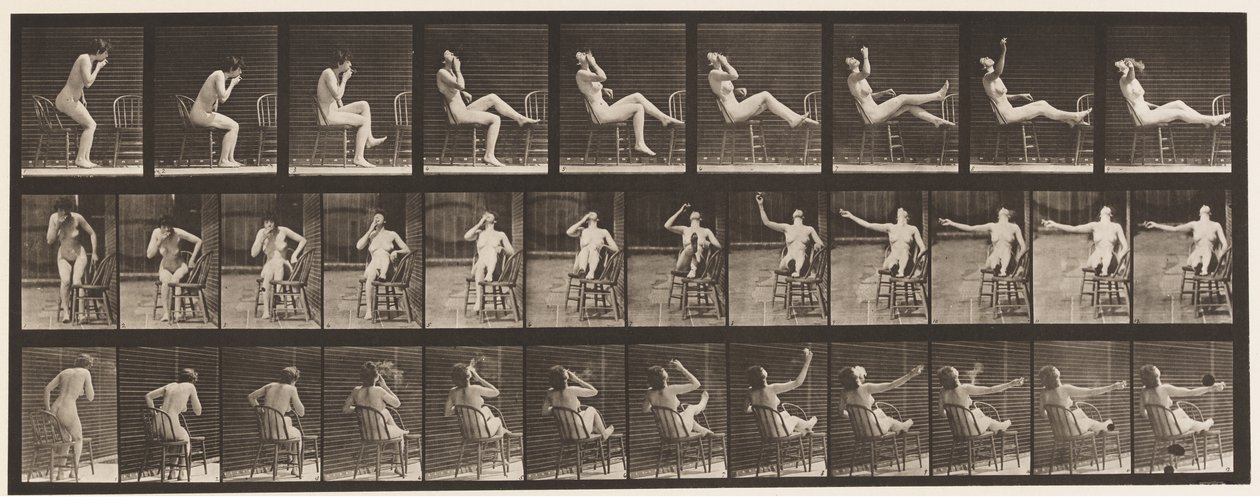 Plaat 247. Gaan zitten en voeten op stoel plaatsen door Eadweard Muybridge