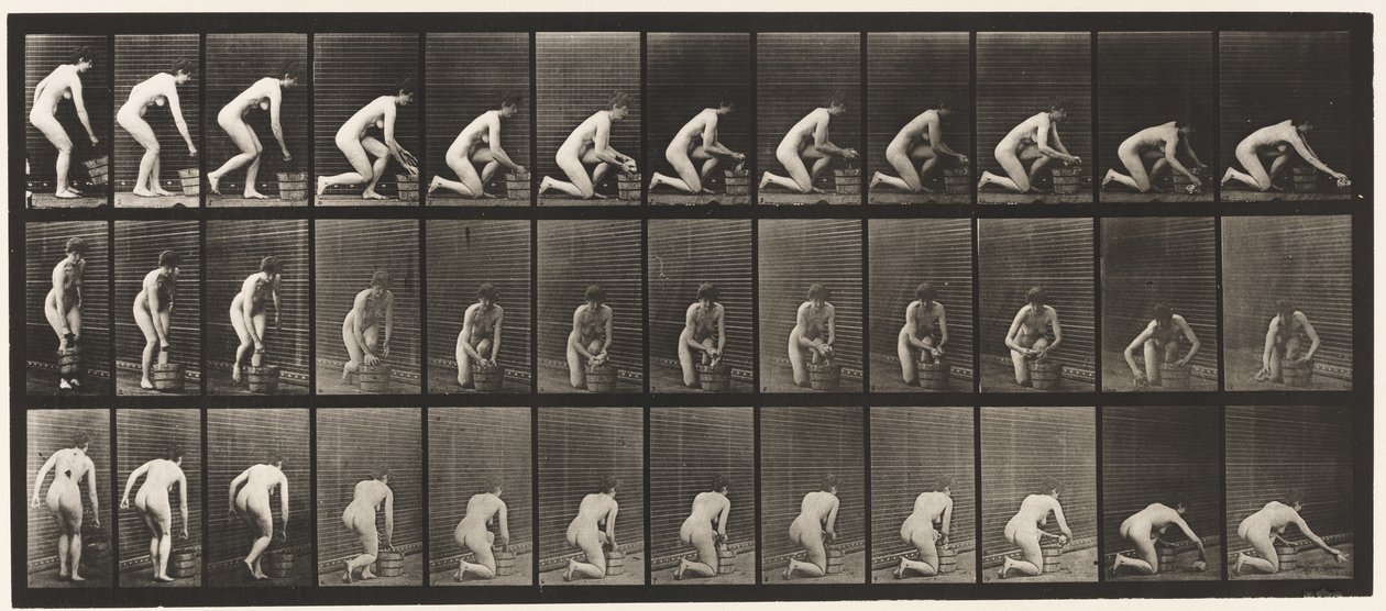 Plaat 252. Op rechterknie knielen en vloer schrobben, 1872-1885 door Eadweard Muybridge