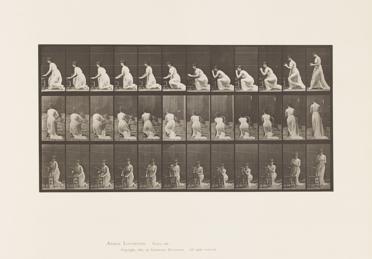 Knielen, ellebogen op stoel, handen gevouwen door Eadweard Muybridge