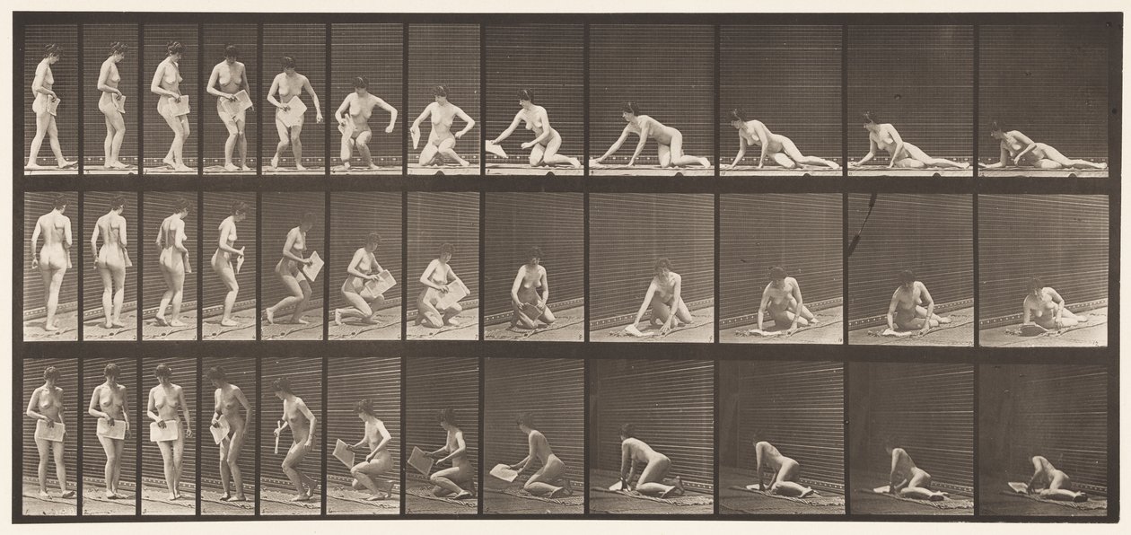 Plaat 256. Op de grond liggen en lezen, 1872-1885 door Eadweard Muybridge