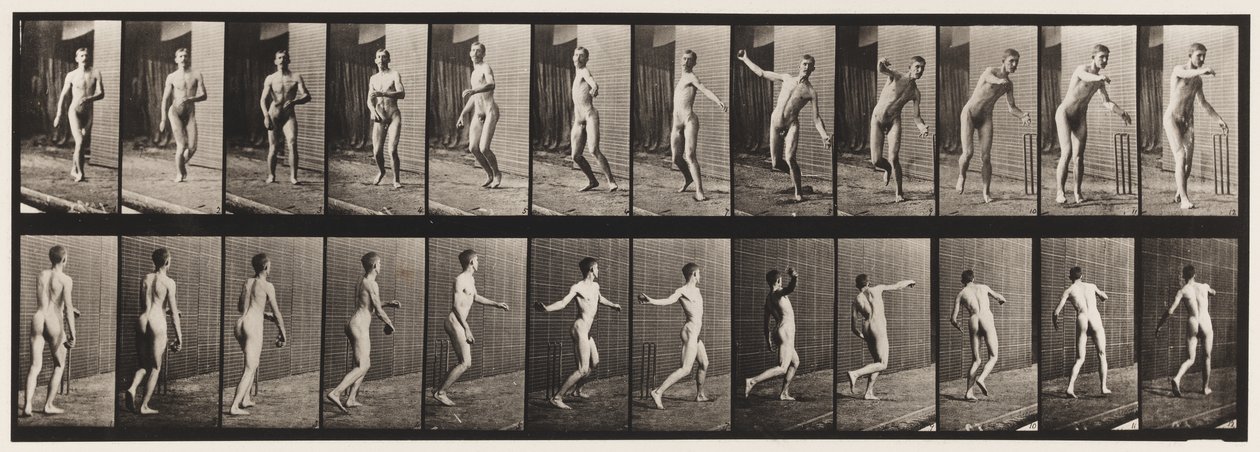 Cricket; ronde arm bowlen door Eadweard Muybridge