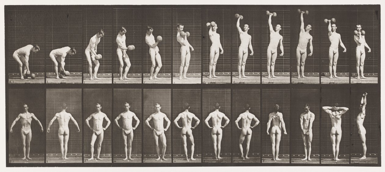 Plaat 321. A, een 50 lb halter tillen; B, poseren door Eadweard Muybridge
