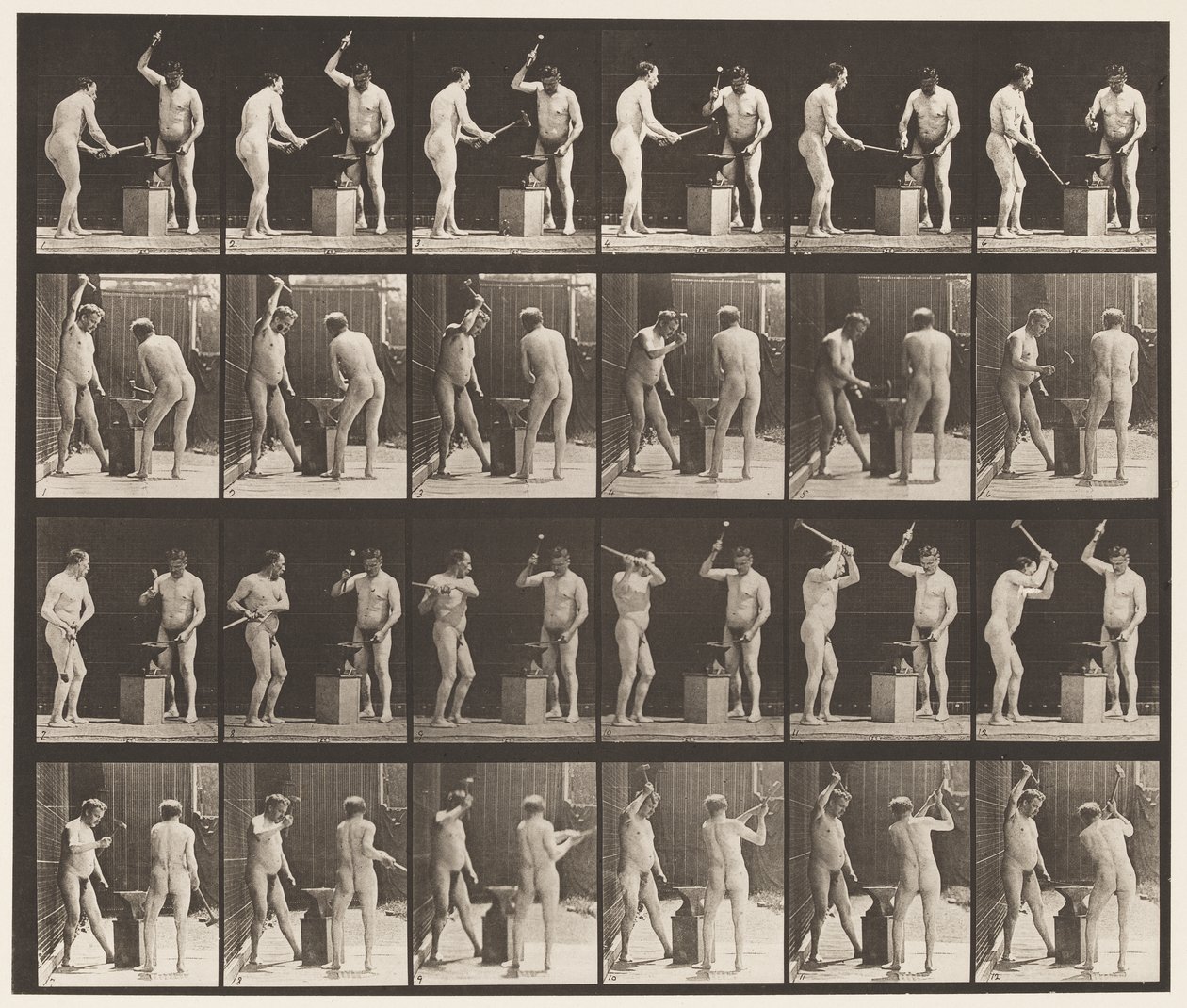 Smeden, twee modellen, hameren op aambeeld door Eadweard Muybridge
