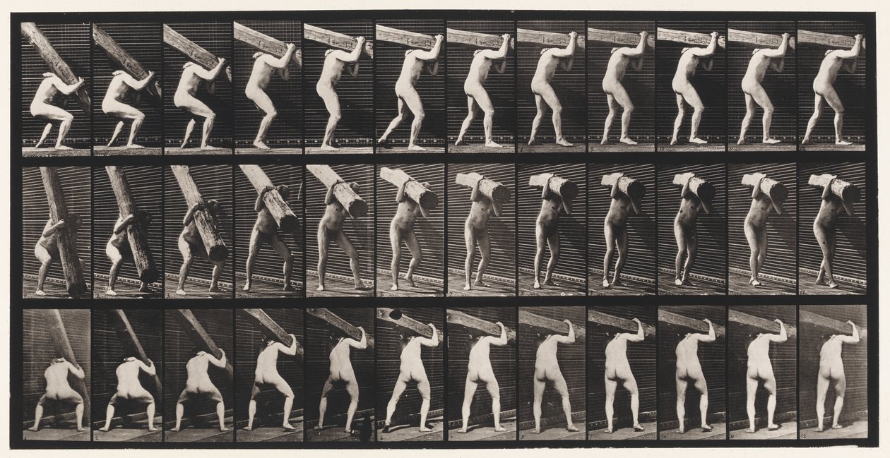 Plaat 383. Een Boomstam op Schouder Tillen door Eadweard Muybridge
