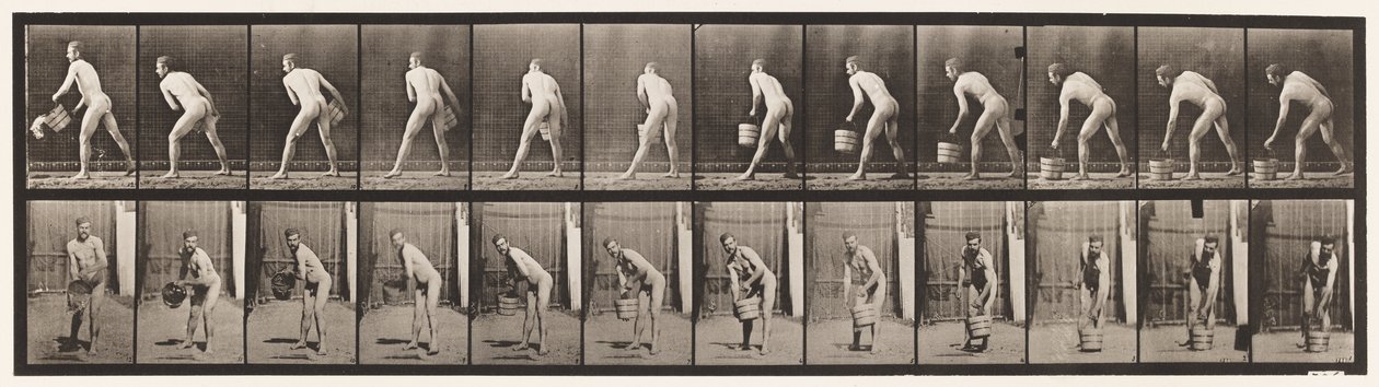 Een emmer water optillen om te legen door Eadweard Muybridge