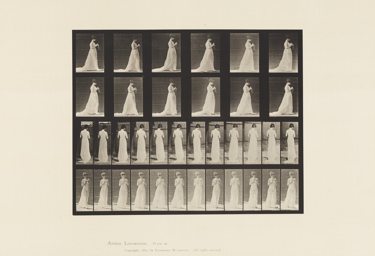 Plaat 39. Wandelen, handen bezig met breien, 1872-1885 door Eadweard Muybridge