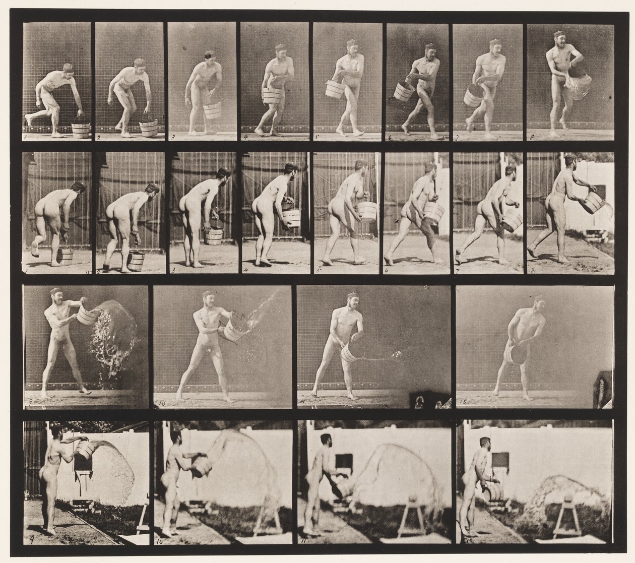 Plaat 400. Emmer water leeggooien, 1872-1885 door Eadweard Muybridge