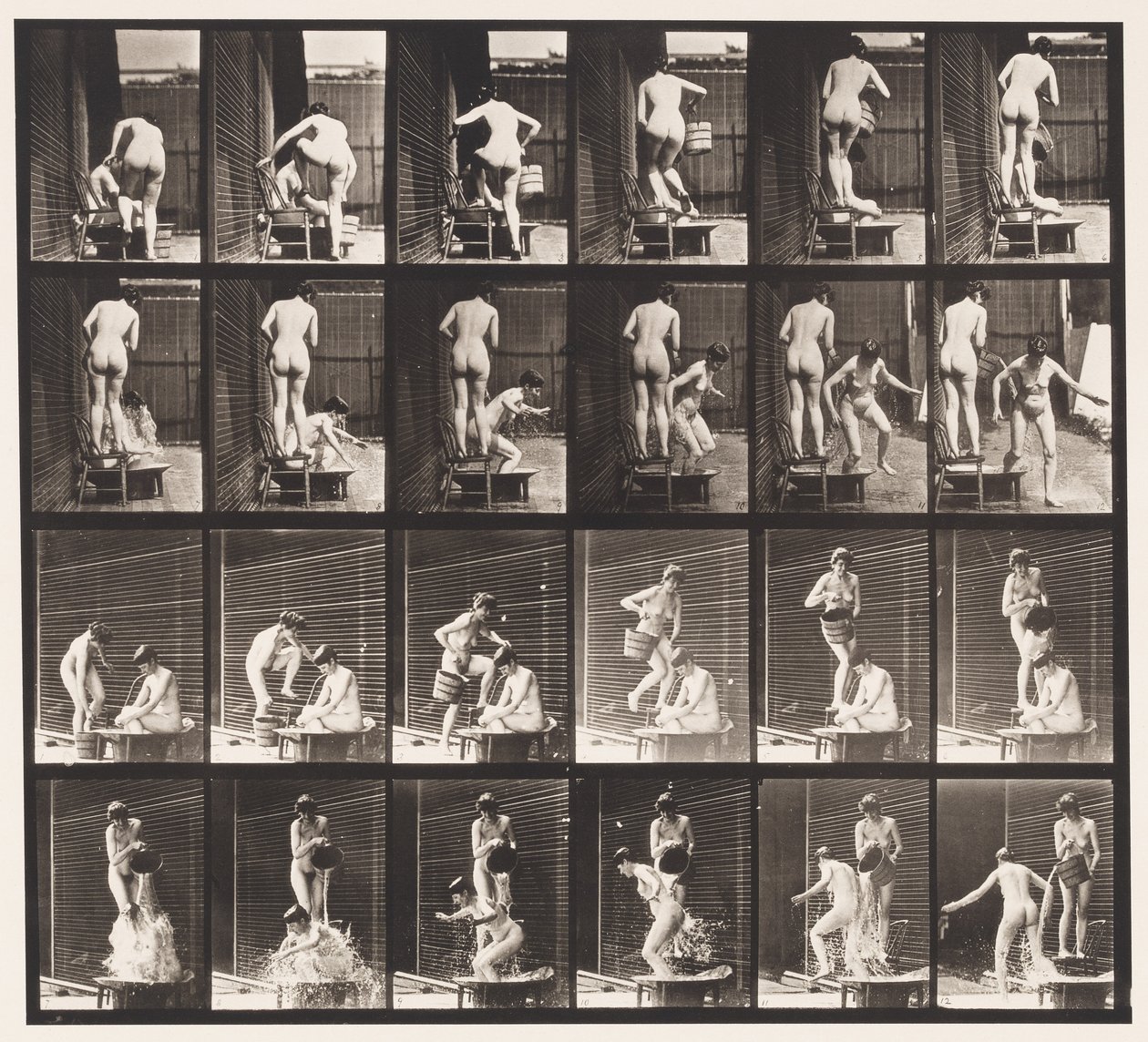 Plaat 407. Twee Modellen, 8 Giet Emmer Water Over 1 door Eadweard Muybridge