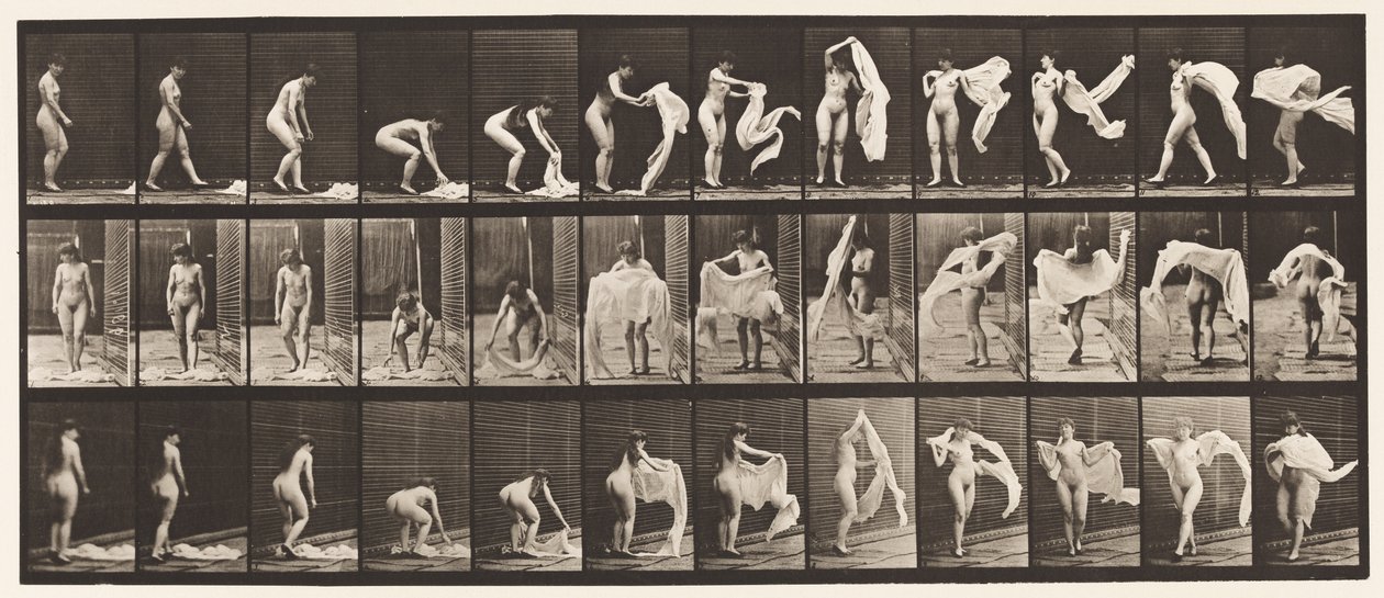Plaat 419. Toilet, bukken, een omslagdoek om de schouders gooien door Eadweard Muybridge