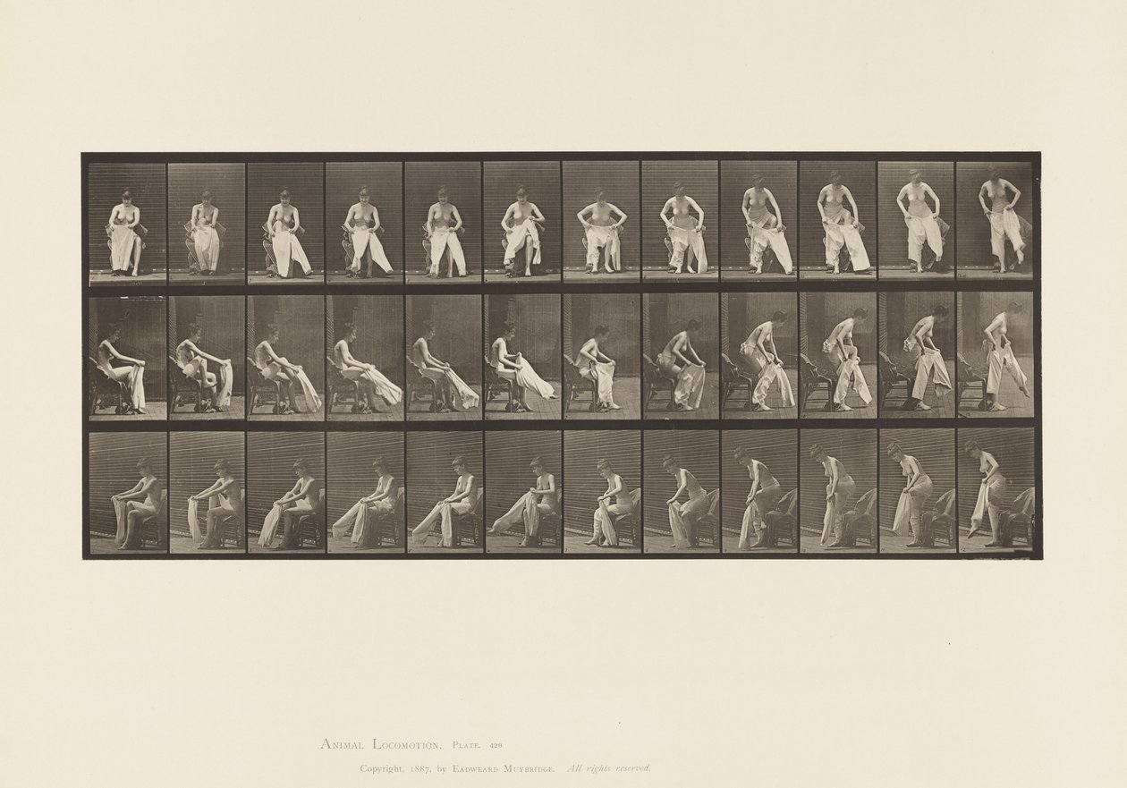 Plaat 420. Toilet; opstaan van stoel en kleding aantrekken, 1885 door Eadweard Muybridge