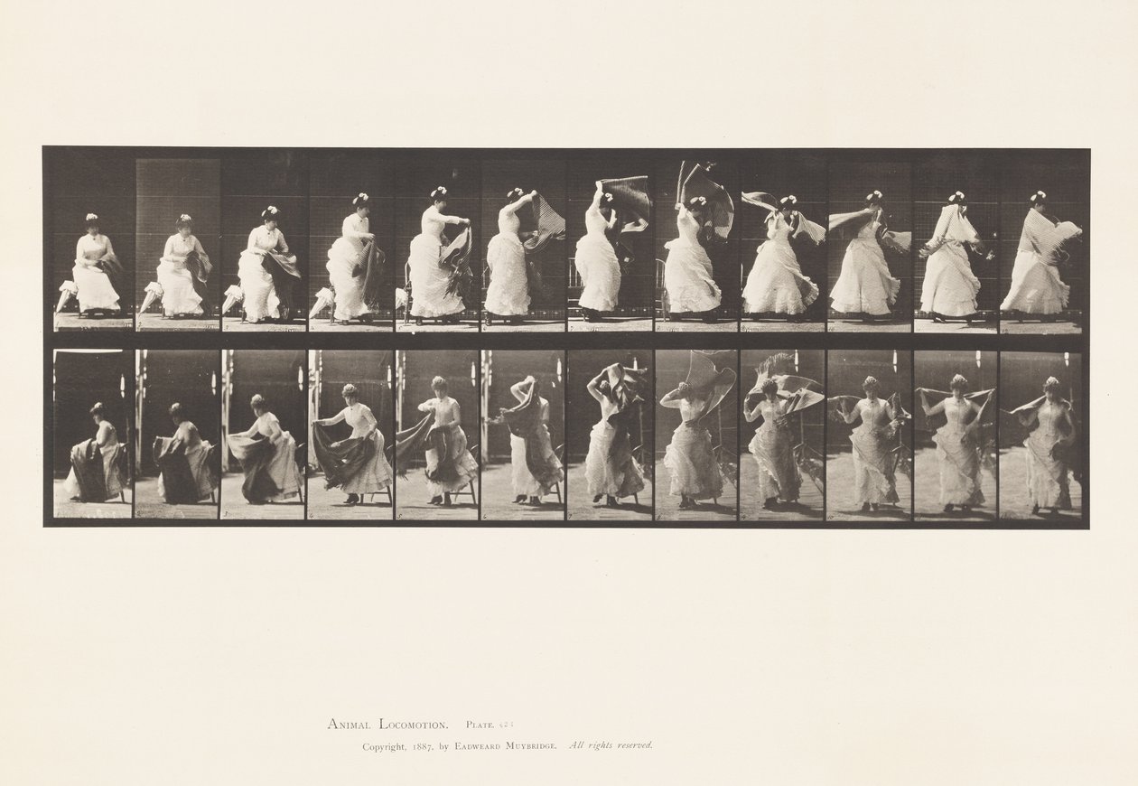 Plaat 424. Toilet; Opstaan uit stoel en sjaal omdoen, 1885 door Eadweard Muybridge