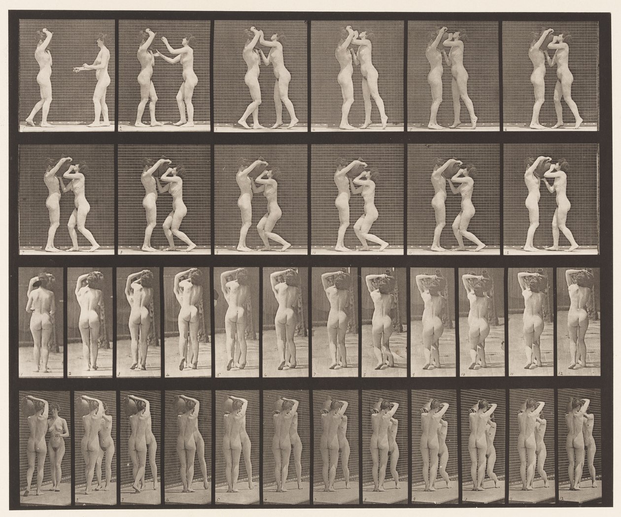 Plaat 445. Twee Modellen-8 Drinken uit Waterkruik op Schouder van 1 door Eadweard Muybridge
