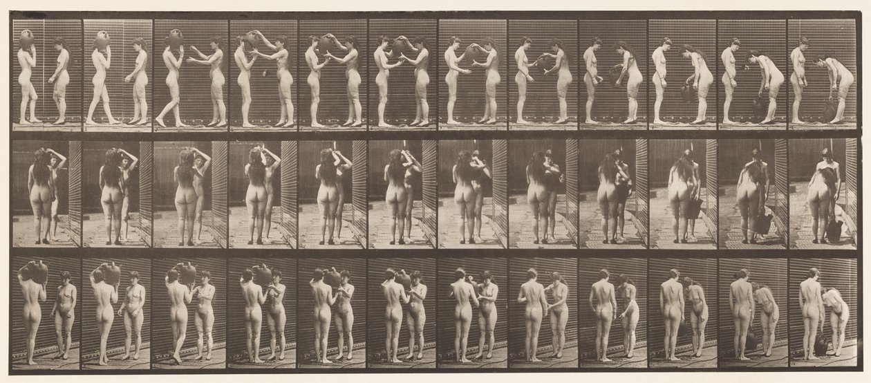 Plaat 447. Twee modellen, waterkruik van schouder nemen door Eadweard Muybridge