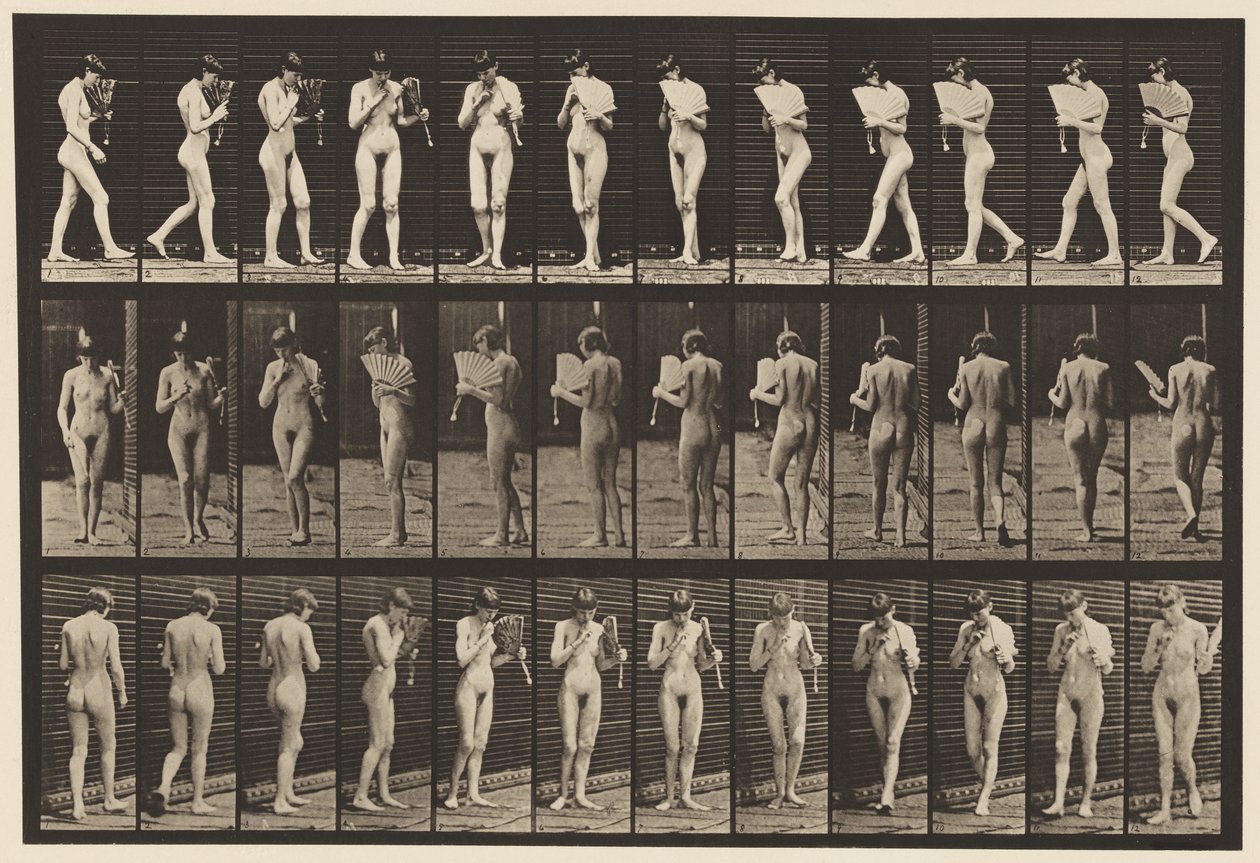 Plaat 46. Lopen, met een waaier flirten en omdraaien door Eadweard Muybridge