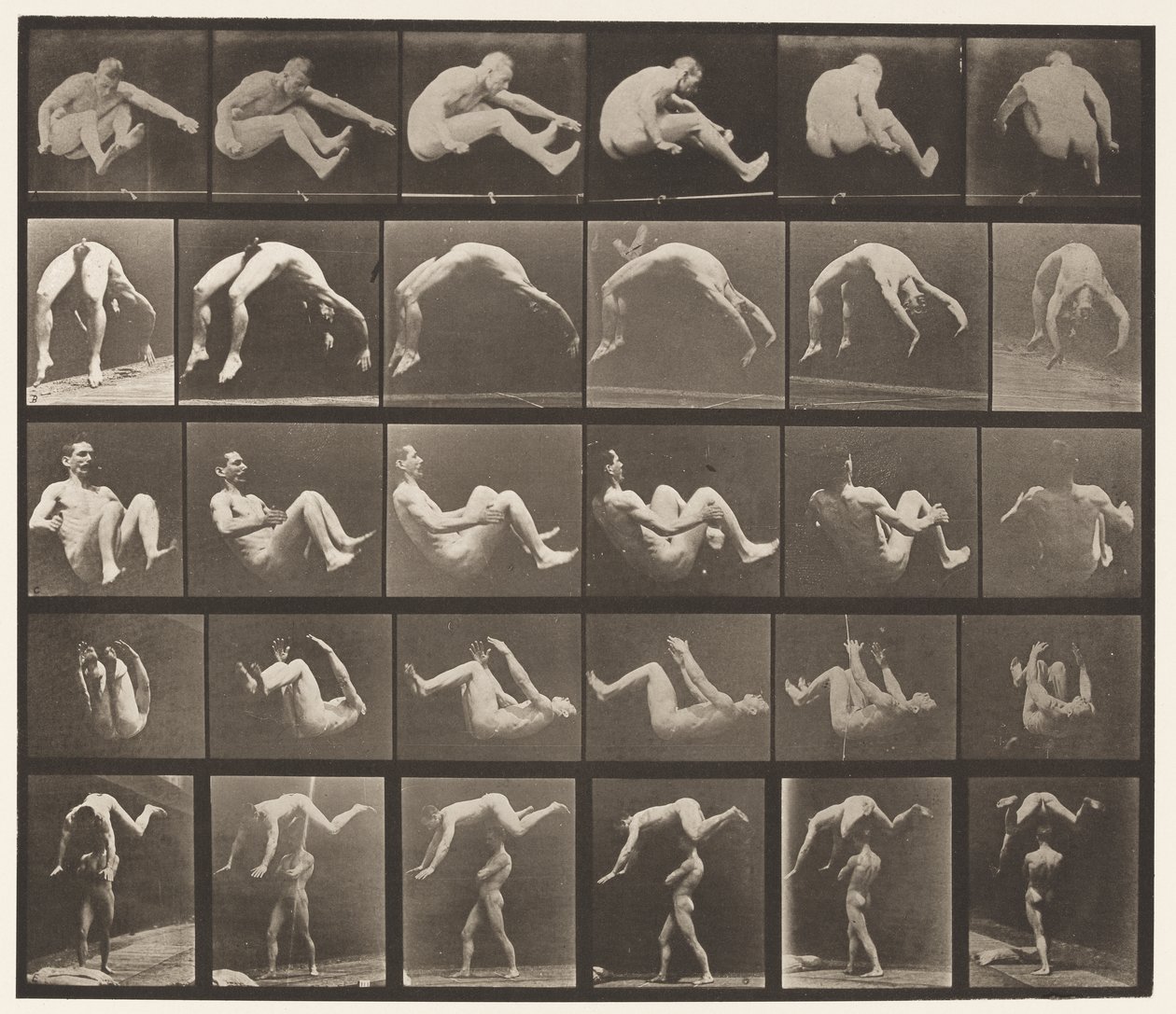 Plaat 522. A, 97 Springen; B, 98 Handstand; C, 98 Salto door Eadweard Muybridge
