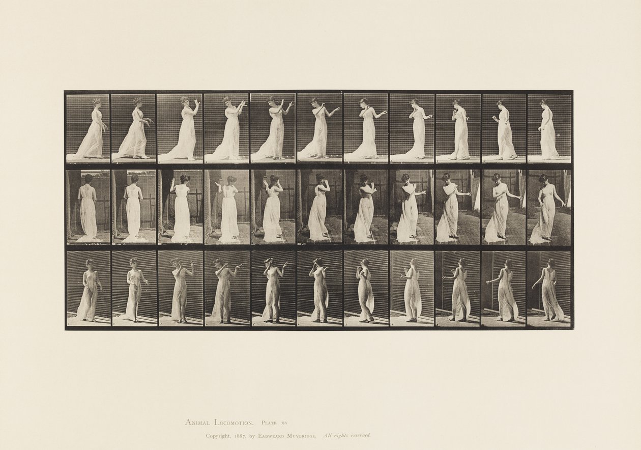 Plaat 55. Wandelen, omdraaien, actie van afkeer, 1885 door Eadweard Muybridge