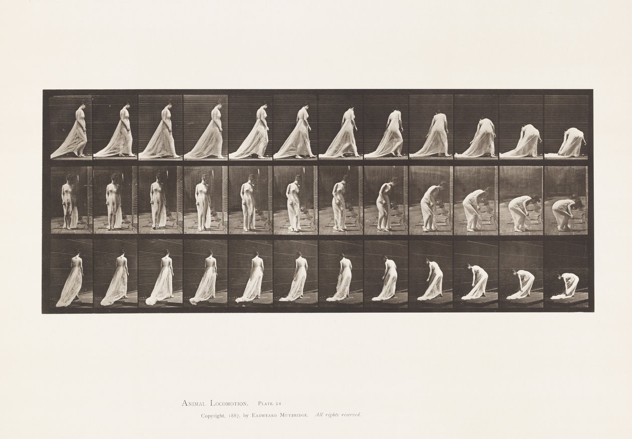Plaat 56. Lopen, draaien en bukken om trein op te tillen door Eadweard Muybridge