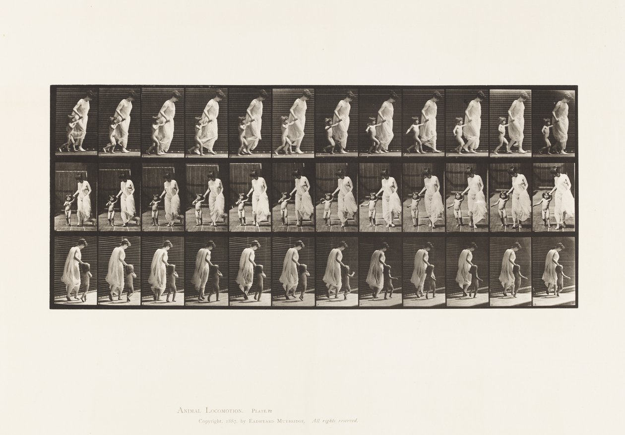 Plaat 72. Rennen, kind (70) aan de hand leiden door Eadweard Muybridge