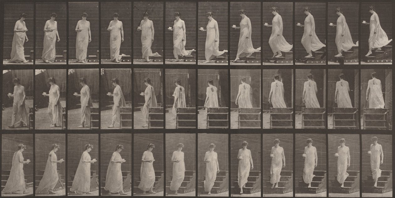 Plaat nummer 143. Een trap afdalend, een kop en schotel in de rechterhand door Eadweard Muybridge