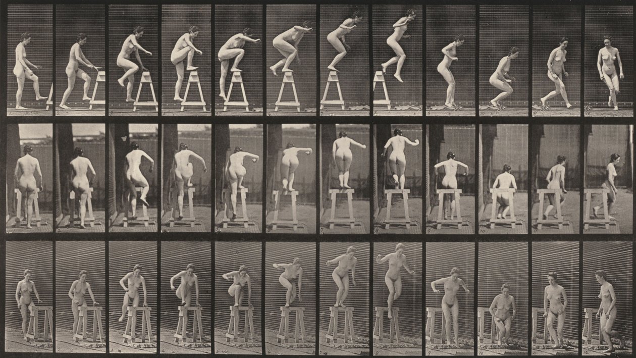 Plaat nummer 171. Op een schraag stappen, eraf springen en draaien door Eadweard Muybridge