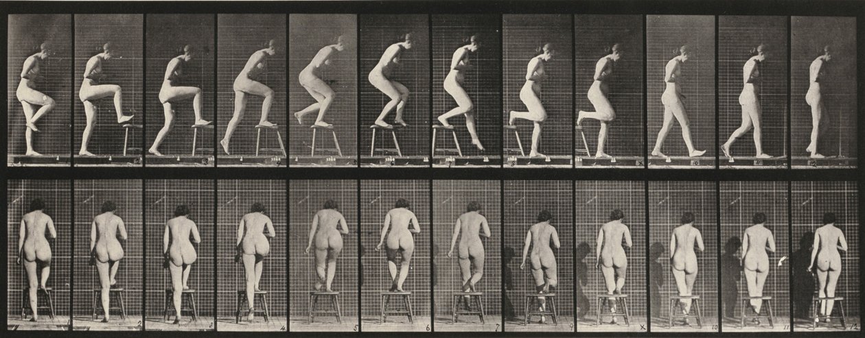 Plaat nummer 180. Op en over een stoel stappen door Eadweard Muybridge