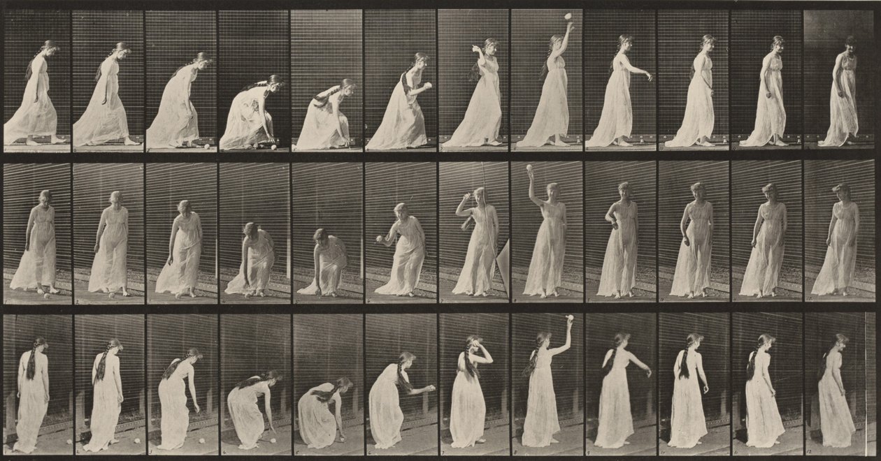 Plaat nummer 306. Een bal oprapen en gooien door Eadweard Muybridge