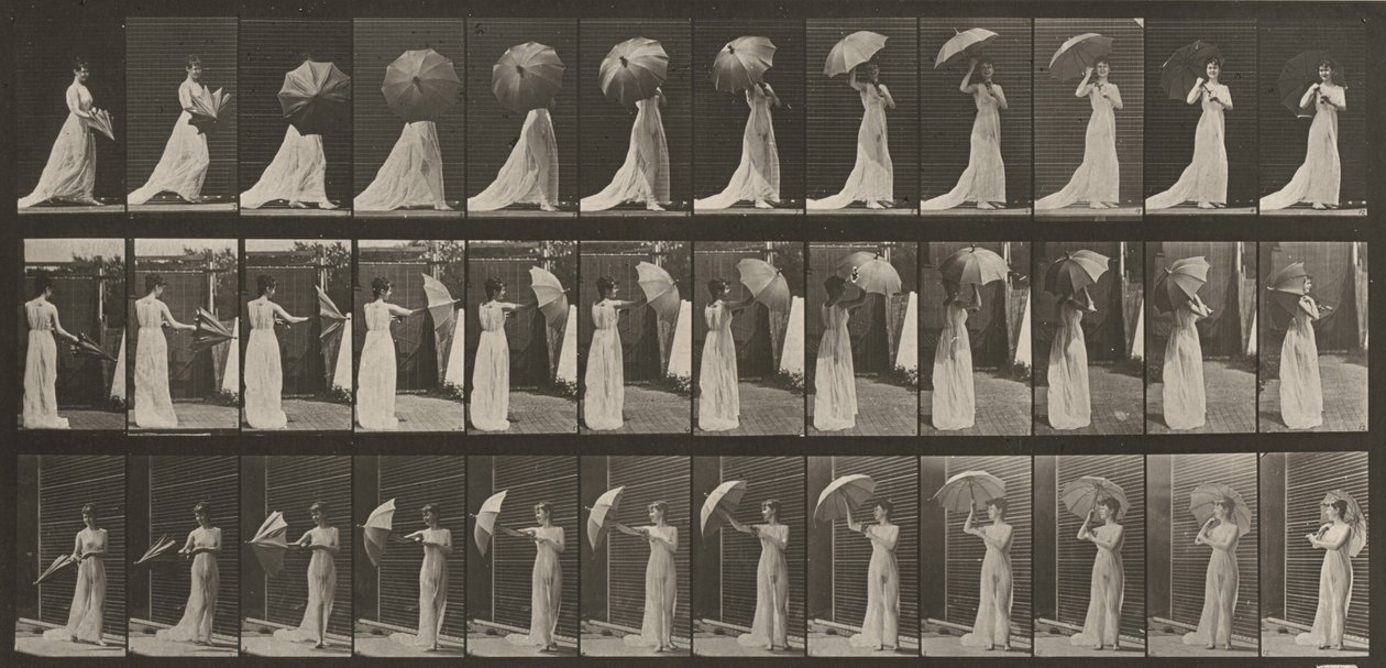 Plaat nummer 461. Een parasol openen en zich omdraaien door Eadweard Muybridge