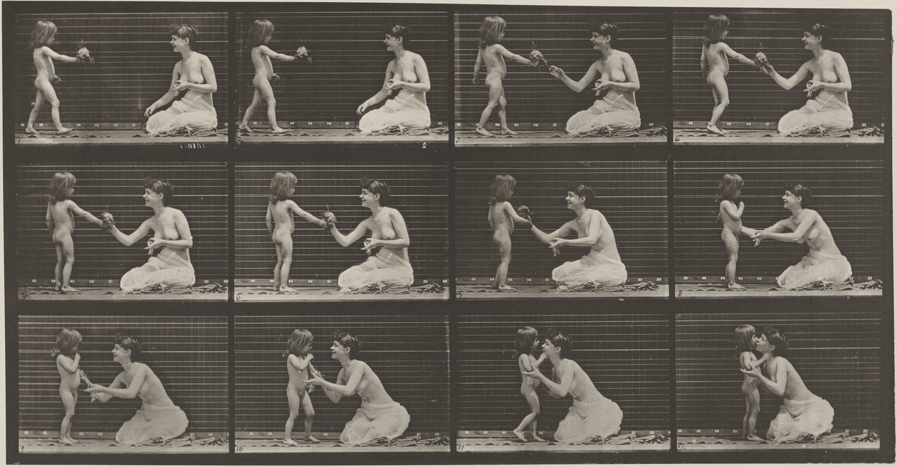Plaat nummer 465. Kind brengt een boeket naar een vrouw,1887 (foto) door Eadweard Muybridge