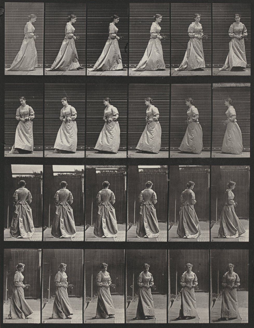 Plaat nummer 48. Lopen en zich omdraaien met een boeket in beide handen door Eadweard Muybridge