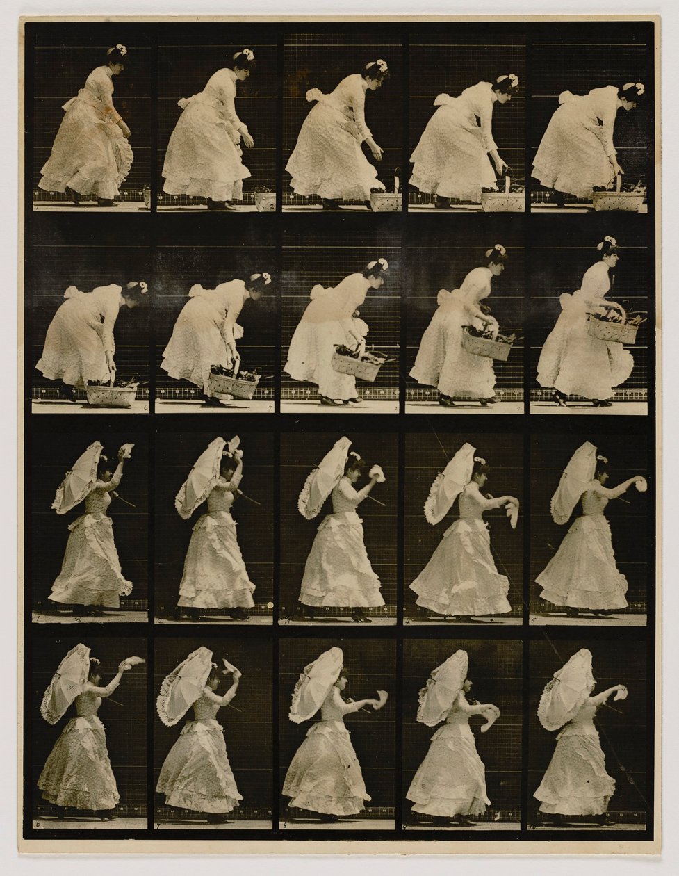 Vrouw die een mand optilt en met een zakdoek zwaait, uit het boek Animal Locomotion door Eadweard Muybridge