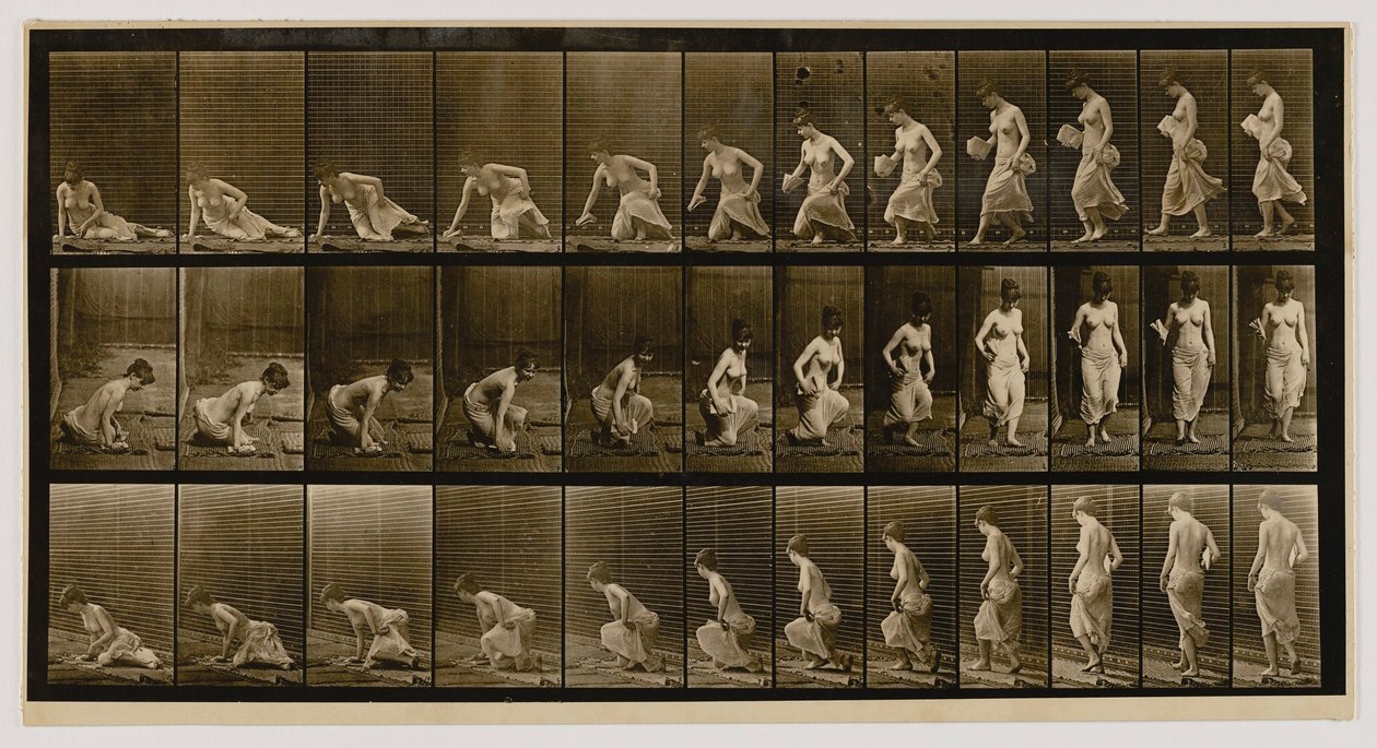 Vrouw zittend op de grond, uit het boek Animal Locomotion door Eadweard Muybridge