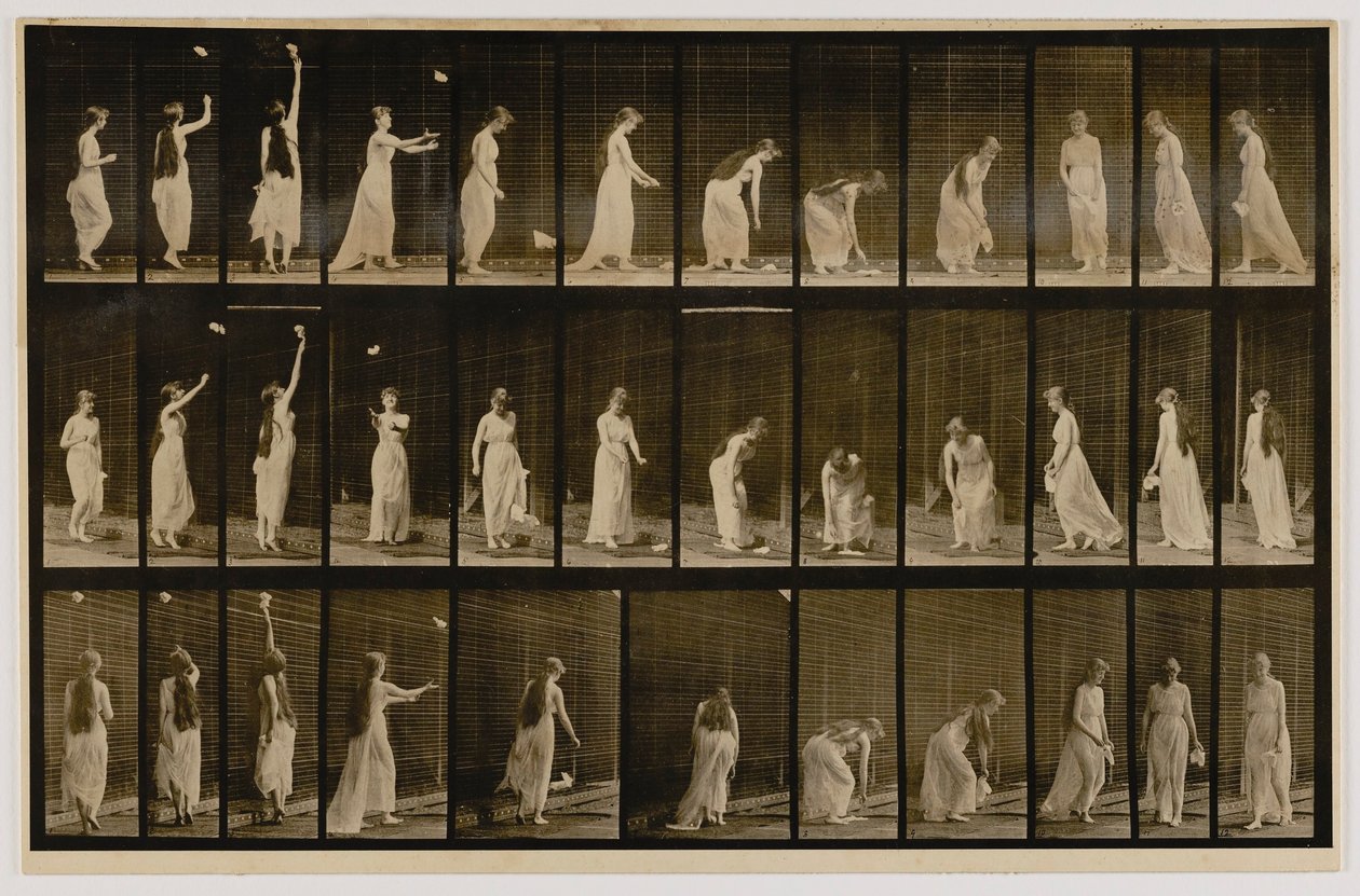 Vrouw gooit zakdoek in de lucht, raapt hem op, uit het boek Animal Locomotion door Eadweard Muybridge