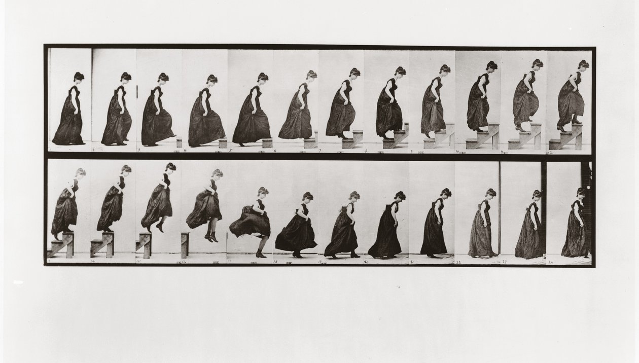 Vrouw die trappen beklimt en naar beneden springt, Plaat 173 uit Animal Locomotion, 1887 door Eadweard Muybridge