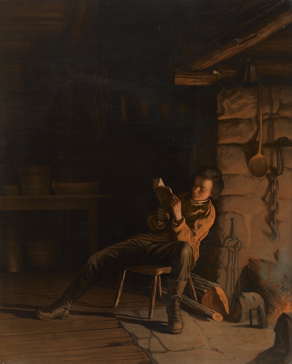De Jeugd van Lincoln. (Een avond in de blokhut) door Eastman Johnson