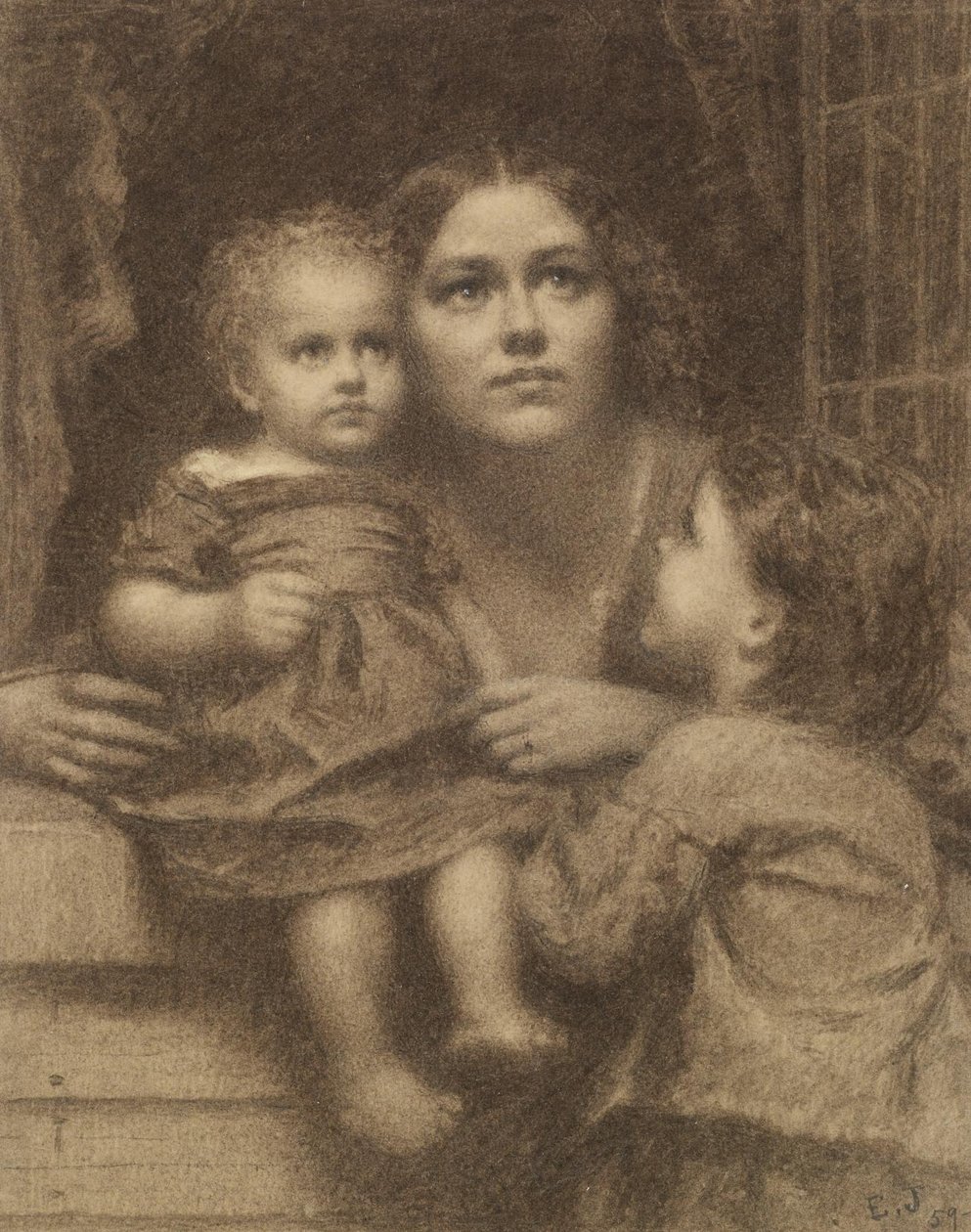Vrouw met twee kinderen bij een raam door Eastman Johnson