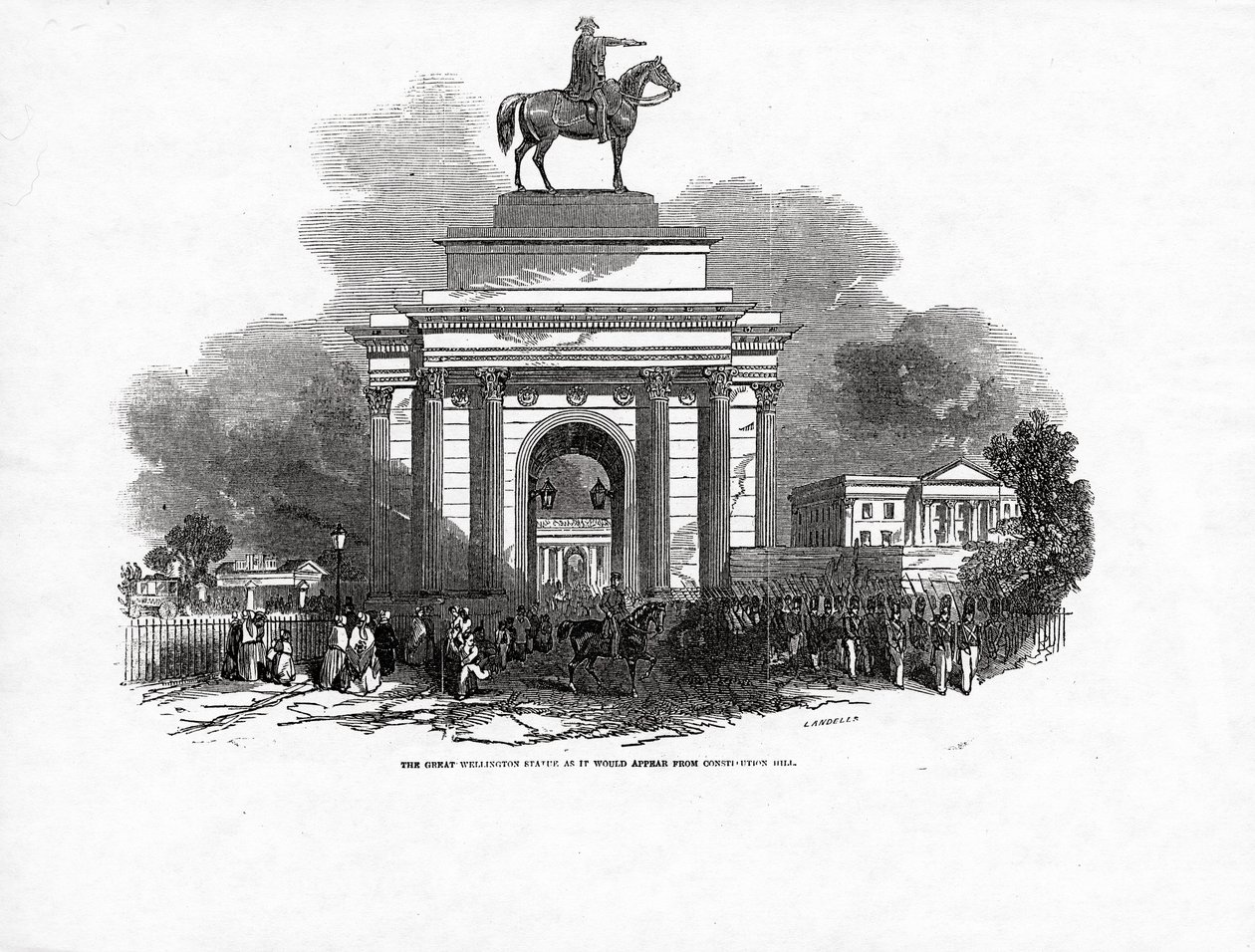 Het grote Wellington-standbeeld zoals het zou verschijnen vanaf Constitution Hill, gepubliceerd in 