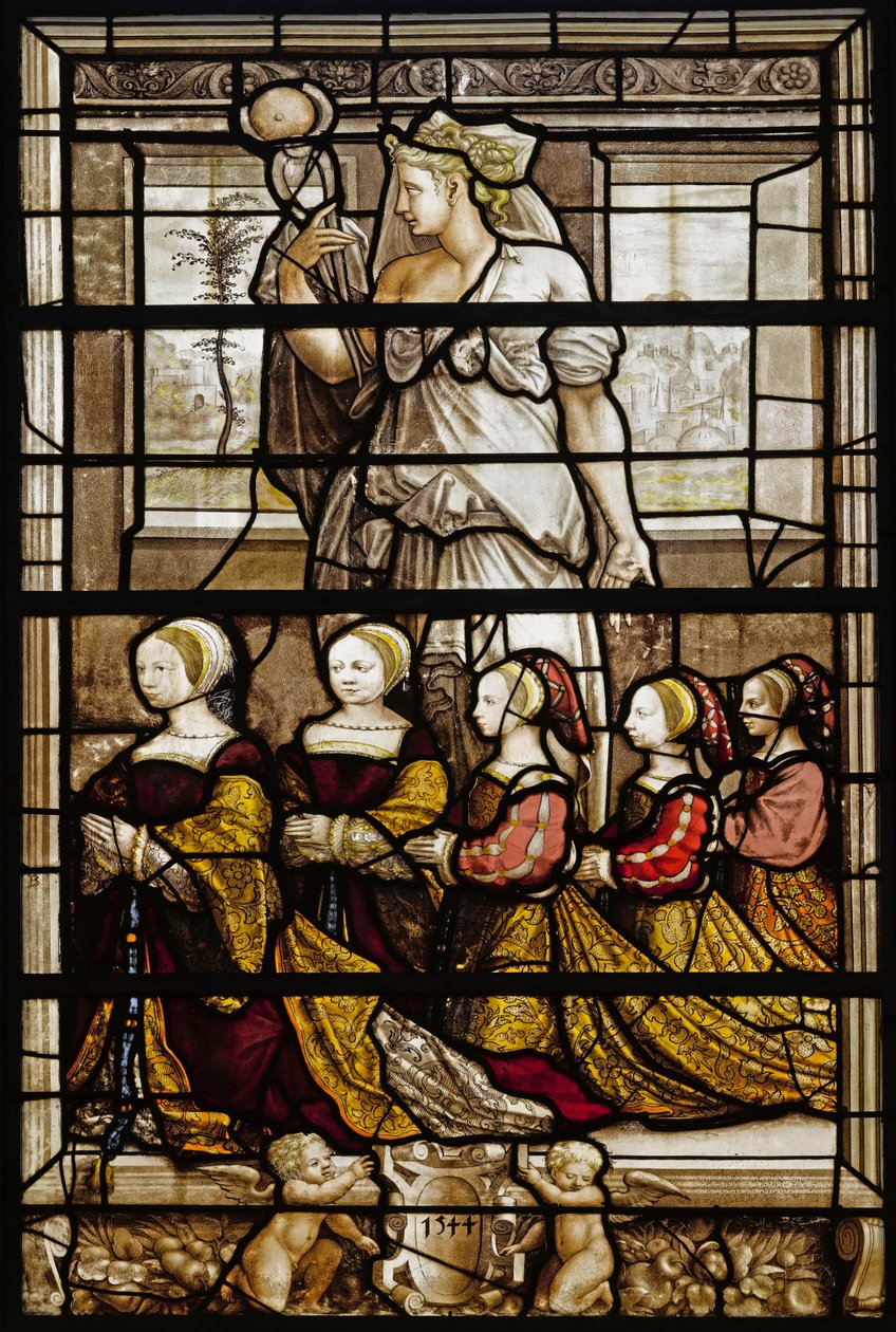 Glas-in-lood van de Dochters van de Connétable Anne de Montmorency door Ecole française