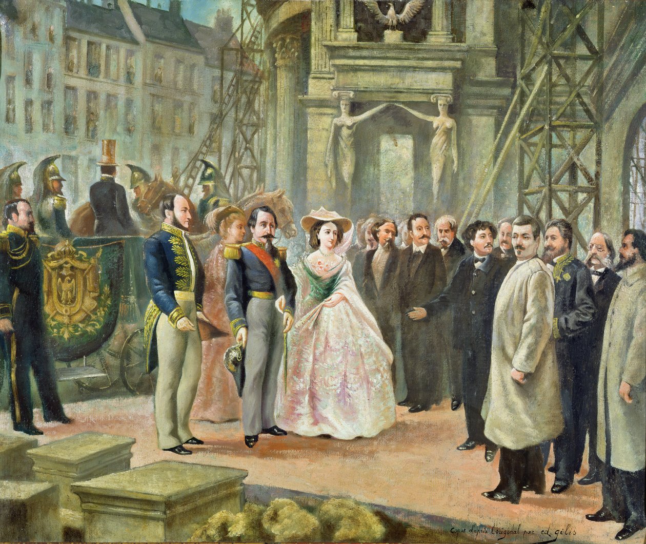 Baron Georges-Eugene Haussmann, Napoleon III en keizerin Eugenie bezoeken de arbeiders bij de opera door Ed. Gilis