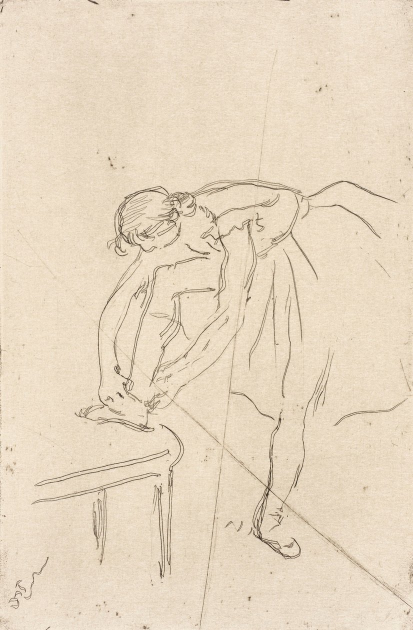 Danseres die haar schoen aandoet door Edgar Degas