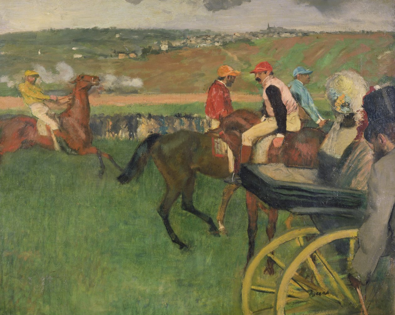 De renbaan - Amateur jockeys bij een koets, c.1876-87 door Edgar Degas