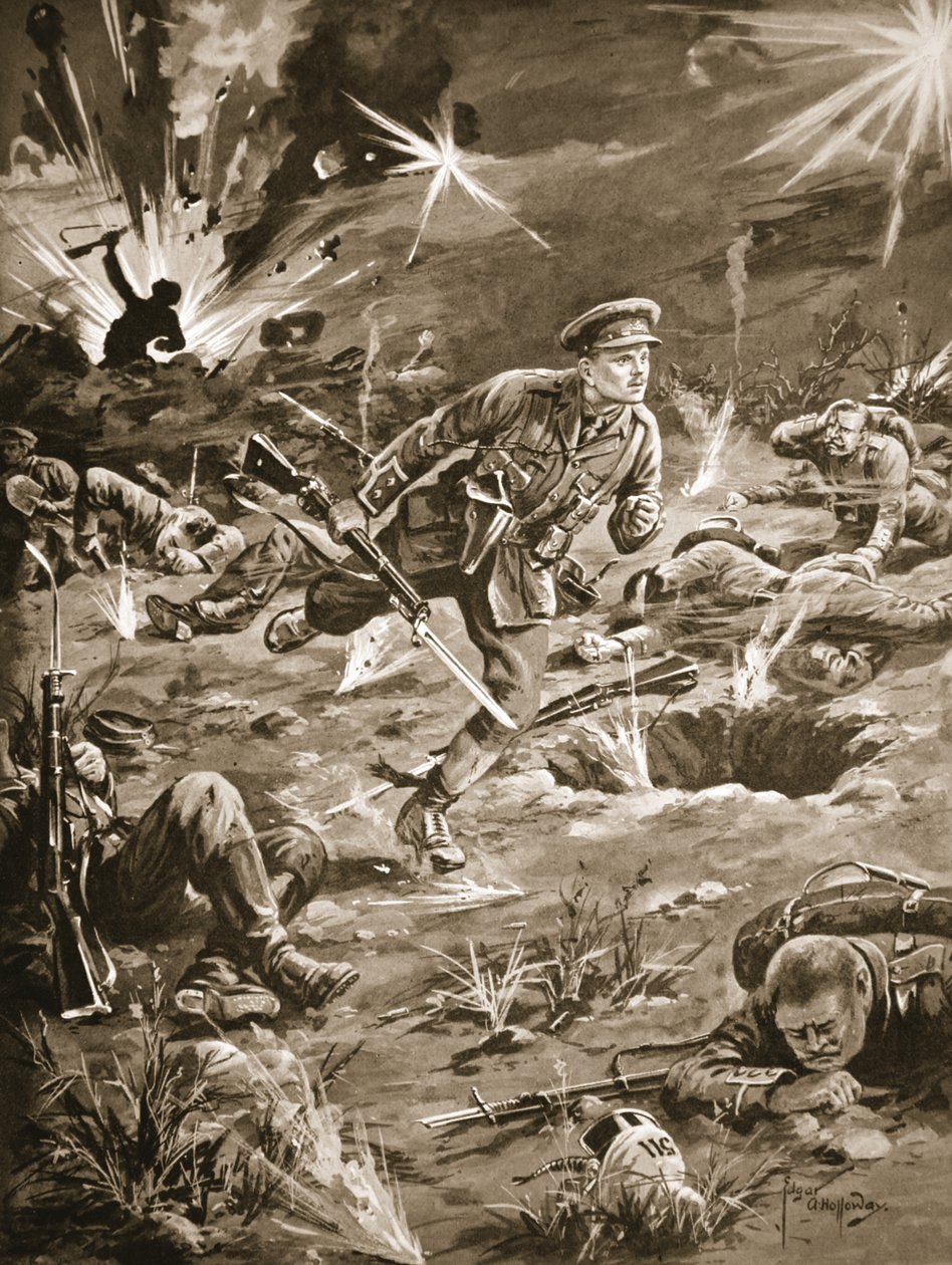 Luitenant Geary haast zich, onder zwaar granaatvuur, naar een loopgraaf rechts van Hill 60 om contact te maken met een officier door Edgar Alfred Holloway