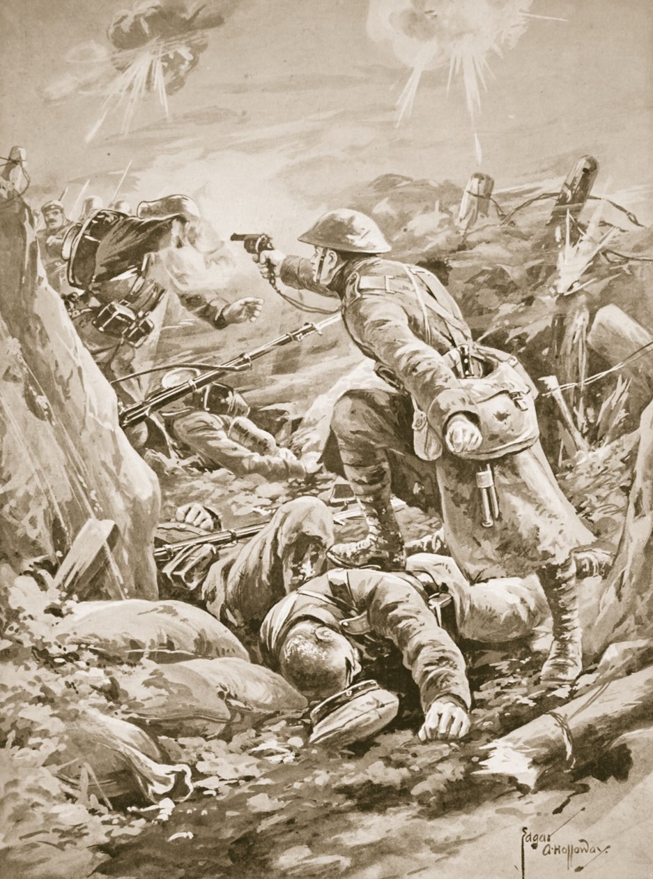 Soldaat (waarnemend korporaal) L. Clarke, alleenstaand, houdt een groep Duitsers tegen tijdens een tegenaanval door Edgar Alfred Holloway
