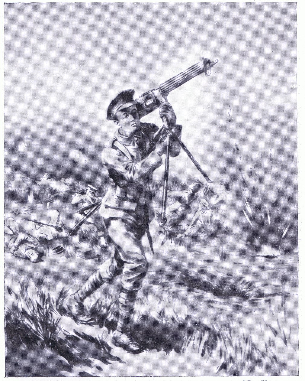 Private Lynn die een machinegeweer wegdraagt voor reparatie onder zwaar vuur bij de Slag om Aisne. Toegekend DCM 1915 door Edgar Alfred Holloway